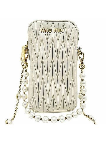Miu Miu Miu Miu Miu Matelassé Faux Pearl Chain Smartphone Shoulder Bag, Leather, Ivory, Gathered, Women's (view 2)