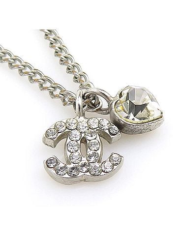 Chanel Chanel necklace, Coco Mark heart, metal, rhinestone, silver, women's, e62037a (view 1)