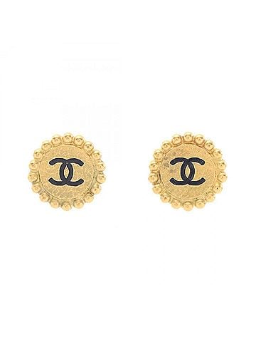 Chanel Chanel Coco Mark Round Earrings, Gold Plated (GP), Women's, Gold/Black Tones (view 1)
