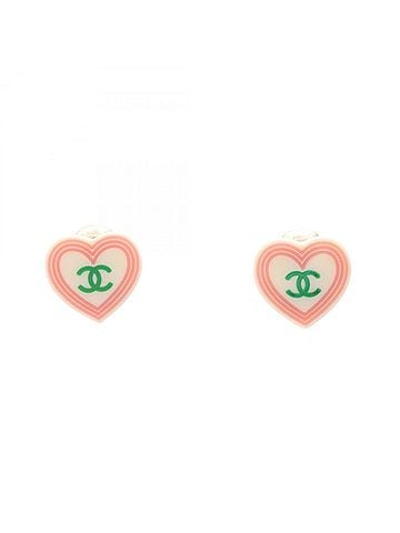 Chanel Chanel Coco Mark Heart Earrings, Stainless Steel and Plastic, Women's, White, Pink, Green. (view 1)