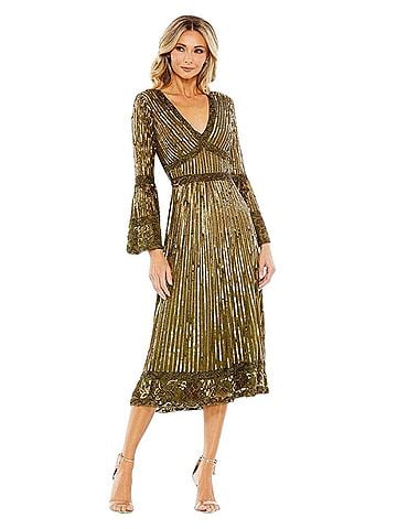 Mac Duggal Mac Duggal Embellished Sequin Dress Bell Sleeve V-Neck Sz 10 NWT $598 Olive 5591 Cocktail Dress (view 1)