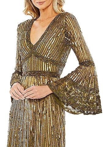 Mac Duggal Mac Duggal Embellished Sequin Dress Bell Sleeve V-Neck Sz 10 NWT $598 Olive 5591 Cocktail Dress (view 2)