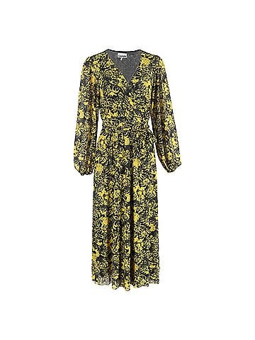 Ganni Ganni Printed Mesh Midi Wrap Dress in Yellow Polyamide (view 1)