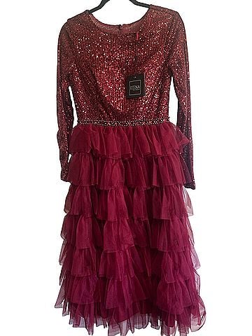 IEENA for Mac Duggal Mac Duggal 26299 Red Wine Tiered Ruffle Long Sleeve Midi Dress Sz 4 $498 Pearls Cocktail Dress (view 2)