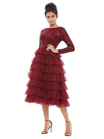 IEENA for Mac Duggal Mac Duggal 26299 Red Wine Tiered Ruffle Long Sleeve Midi Dress Sz 4 $498 Pearls Cocktail Dress (view 1)