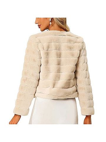 Allegra K Cropped Collarless Faux Fur Fluffy Jacket Faux Fur Jacket (view 2)