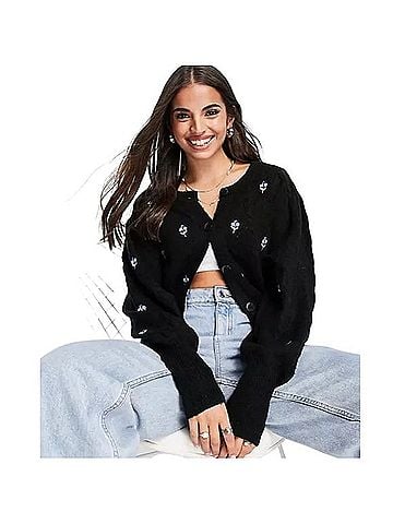 ASOS Design Cable Cardigan with Embroidered Flowers Jacket (view 1)