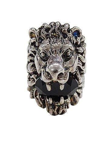 Gucci Gucci ring for women and men, brand name ring, metal, stone, lion head, silver, black, size #10 (approx.), accessory. (view 1)