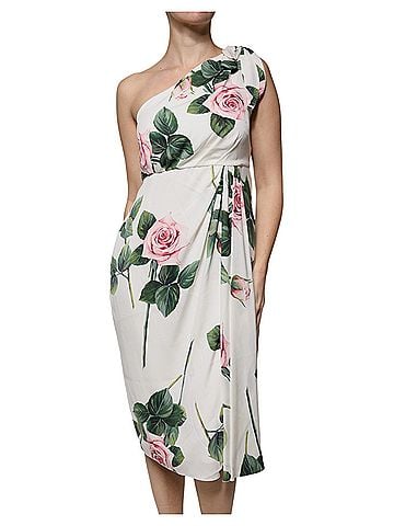 Dolce & Gabbana White Floral Silk One Shoulder Midi Women's Dress (view 1)