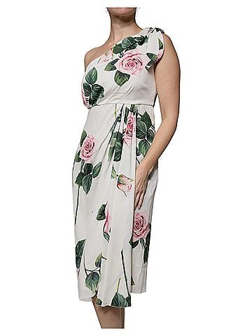 Dolce & Gabbana White Floral Silk One Shoulder Midi Women's Dress (view 2)