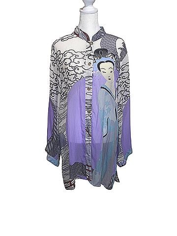 Citron 100% Silk Purple Gray Geisha Dragon Tunic Button-Down Shirt (view 1)