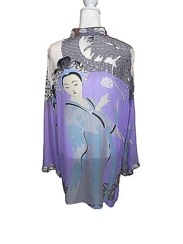 Citron 100% Silk Purple Gray Geisha Dragon Tunic Button-Down Shirt (view 2)