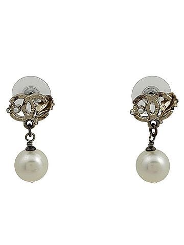 Chanel Chanel Coco Mark Faux Pearl Swing Earrings, Gold GP, White, Women's (view 1)