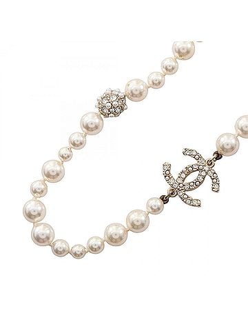 Chanel Chanel Coco Mark Necklace, Gold Plated (GP), Faux Pearl, Rhinestone, Women's, Gold, White, Clear. (view 1)