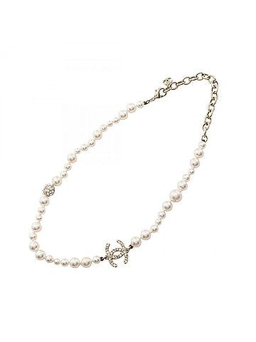 Chanel Chanel Coco Mark Necklace, Gold Plated (GP), Faux Pearl, Rhinestone, Women's, Gold, White, Clear. (view 2)