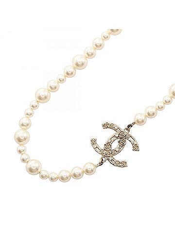Chanel Chanel Coco Mark Necklace, Gold Plated (GP), Faux Pearl, Rhinestone, Women's, Gold, White, Clear. (view 1)