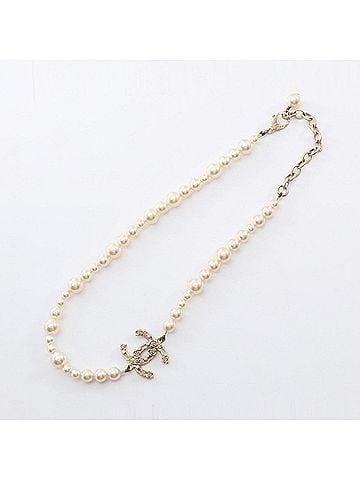 Chanel Chanel Coco Mark Necklace, Gold Plated (GP), Faux Pearl, Rhinestone, Women's, Gold, White, Clear. (view 2)