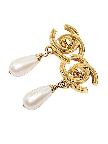 Chanel CC Gold Plated Faux Pearl Drop Turn Lock Clip On Earrings (view 1)