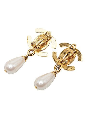 Chanel CC Gold Plated Faux Pearl Drop Turn Lock Clip On Earrings (view 2)