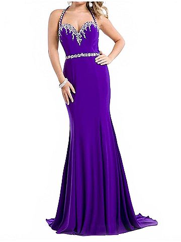 Rachel Allan Embellished Jersey Gown With Fringe Detail in Purple (view 2)