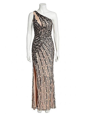 Rachel Allan High Slit Asymmetrical Beaded Gown in Black Nude (view 1)