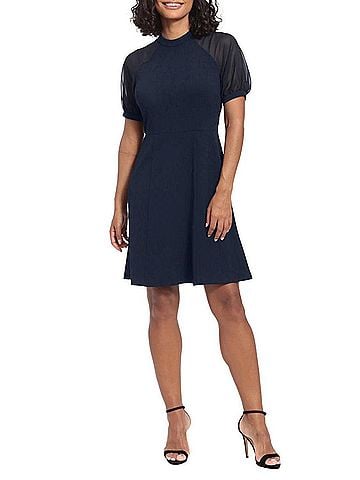 London Times Crewneck Short Sleeve A-Line Dress in Twilight Navy (view 2)
