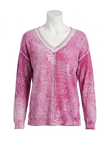 Tribal Special Wash Lightweight Cotton V-Neck Sweater in Pink (view 1)