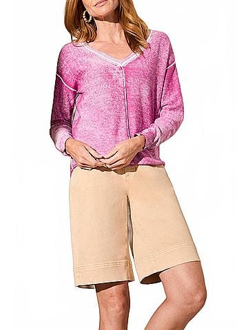Tribal Special Wash Lightweight Cotton V-Neck Sweater in Pink (view 2)