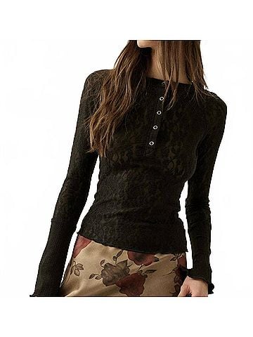 Promesa U.S.A. Floral Lace Raglan-Sleeve Henly Top in Black (view 2)