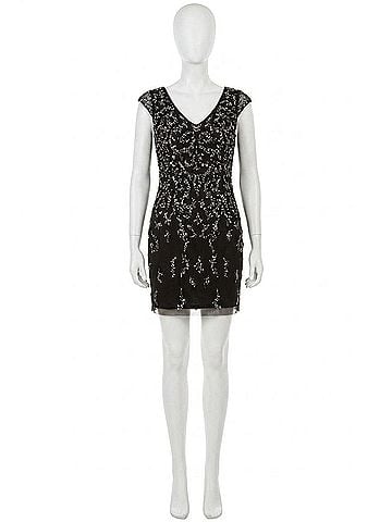 Aidan Mattox Cap Sleeve Embellished Mesh Dress in Black Silver (view 1)