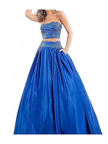 Rachel Allan Two-Piece Matte Satin Beaded Prom Gown in Royal (view 2)