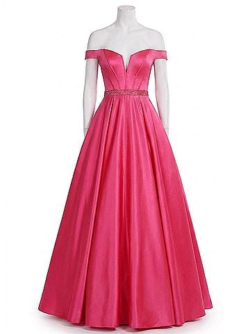 Rachel Allan Off Shoulder Stretch Satin Ball Gown in Fuchsia (view 1)