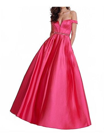 Rachel Allan Off Shoulder Stretch Satin Ball Gown in Fuchsia (view 2)