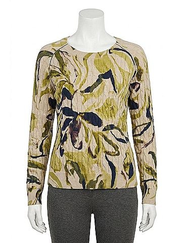 Tribal Kiwi Leaf Cable Knit Crew Neck Sweater in Cream (view 1)