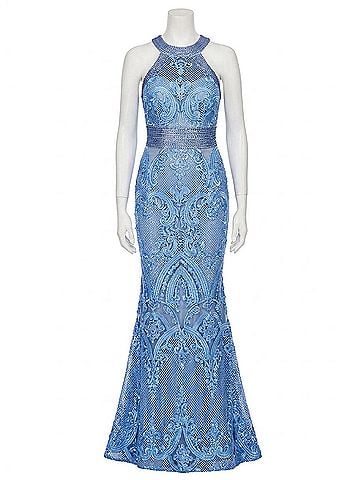 Rachel Allan Lace Halter Neck Prom Dress in Deep Periwinkle (view 1)