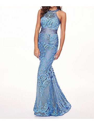 Rachel Allan Lace Halter Neck Prom Dress in Deep Periwinkle (view 2)