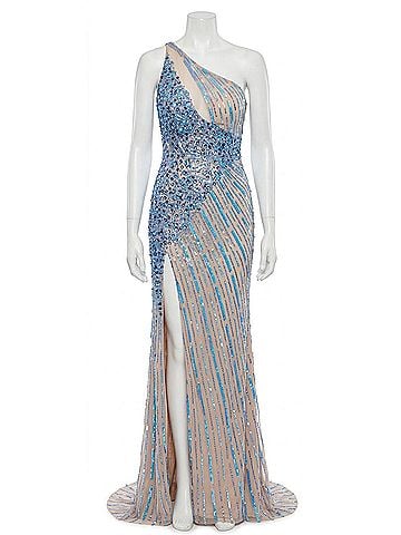 Rachel Allan Cutout Sequin Asymmetric Prom Gown in Periwinkle Nude (view 1)