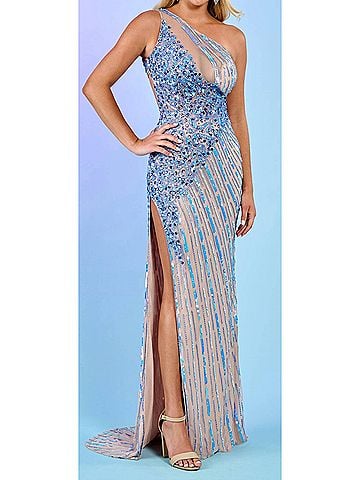 Rachel Allan Cutout Sequin Asymmetric Prom Gown in Periwinkle Nude (view 2)