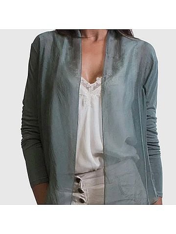 MADE IN ITALY Silk Front Tie Long Sleeve Shrug in Aqua (view 2)