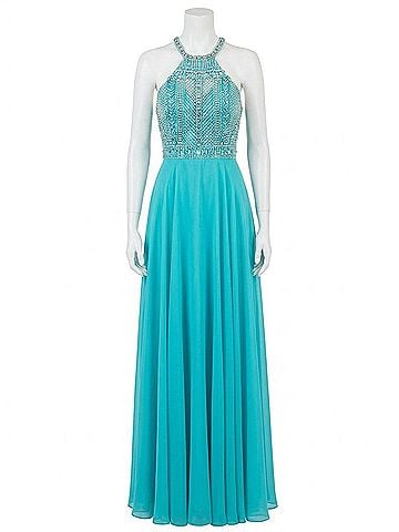 Rachel Allan Open Back Beaded Chiffon Gown in Aqua (view 1)
