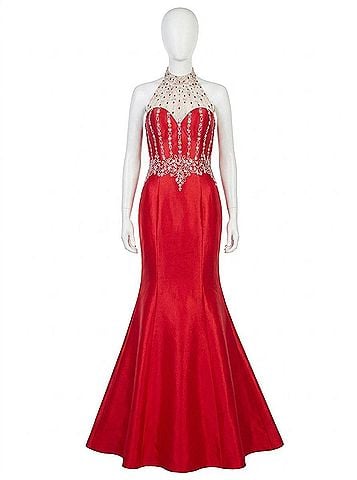 Rachel Allan Taffeta Halter Neck Beaded Mermaid Prom Gown in Red (view 1)