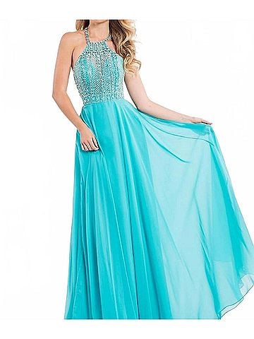Rachel Allan Open Back Beaded Chiffon Gown in Aqua (view 2)