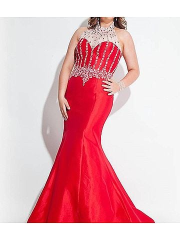 Rachel Allan Taffeta Halter Neck Beaded Mermaid Prom Gown in Red (view 2)