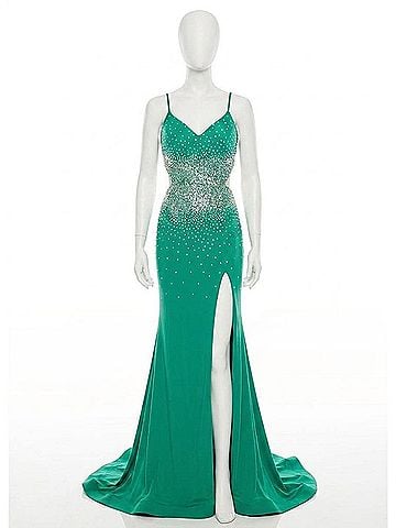 Rachel Allan Beaded Jersey Gown With Side Cutouts in Jade (view 1)