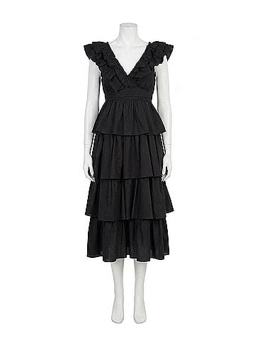 &merci Layla Layered Ruffle Trim Midi Dress in Black (view 1)