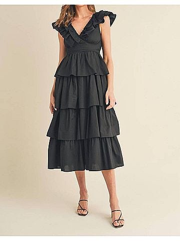 &merci Layla Layered Ruffle Trim Midi Dress in Black (view 2)
