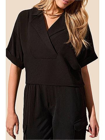 Tribal Airflow Lapel Collar V-Neck Top in Black (view 2)