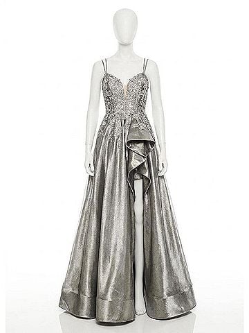 Rachel Allan Metallic Applique High Low Prom Gown in Gunmetal (view 1)