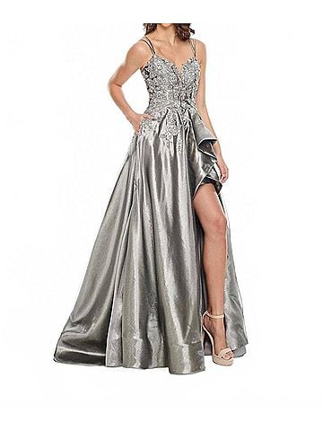 Rachel Allan Metallic Applique High Low Prom Gown in Gunmetal (view 2)