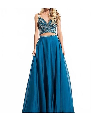 Rachel Allan Two-Piece Chiffon Prom Dress in Peacock Blue (view 2)